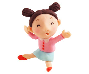 両手を上げてジャンプしている笑顔の女の子全身（粘土立体イラスト）