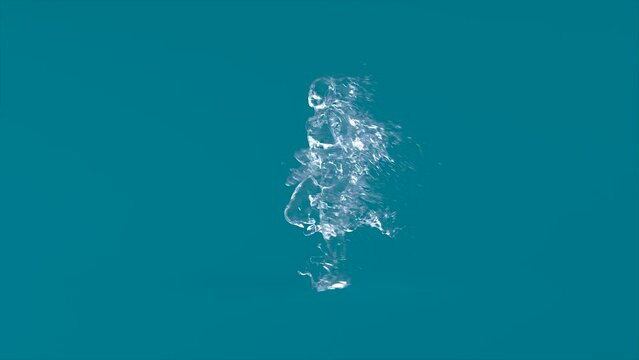 3d rendering of a running human made of water, blue background, looping animation, centered