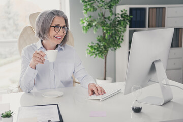 Portrait of positive successful lady sitting chair hand hold fresh coffee mug keyboard typing online negotiations workstation indoors