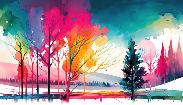 paint like illustration of colorful winter forest, Generative Ai