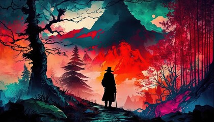 a man walking on nature trail, ambient nightmare fantasy mountain nature landscape, Generative Ai