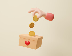 3D hand putting coins into donation box. Donation and Charity. Donate money concept. Golden coin fund in money box. Charity and financial support concept. Volunteers collecting. 3d render illustration