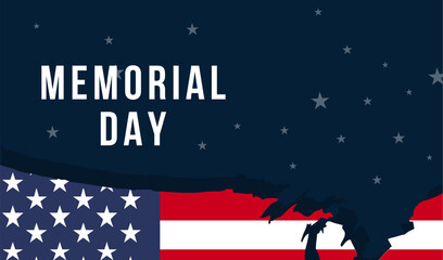 Memorial Day - Remember and Honor Poster. USA memorial day celebration. American national holiday. Invitation template with red text and waving us flag on white background. Vector