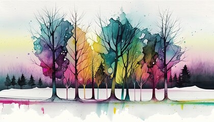 paint like illustration of colorful winter forest, Generative Ai