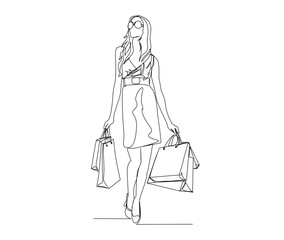 Continuous one line drawing of pretty woman and holding paper bags after shopping . Young woman holding shopping bags line art vector illustration.