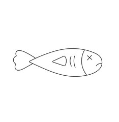Vector isolated one single dead fish with cross eye lying on its side colorless black and white contour line easy drawing