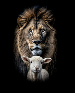  The Lion and the Lamb together.  Image on black background created with generative ai.