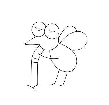 Vector isolated one cute cartoon mosquito fly drinks blood through a tube colorless black and white contour line easy drawing