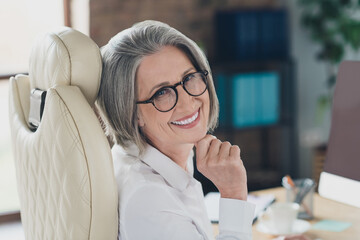 Profile photo of positive satisfied aged lady attorney sit leather chair hand touch chin beaming smile office room inside