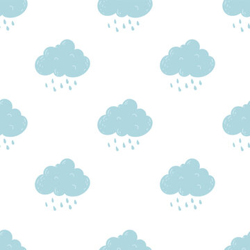 Cute cartoon cloud seamless pattern with rain drop, grey background, vector illustration. Flat Design Autumn Seamless Raincloud Pattern.