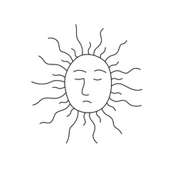 Vector isolated one single sleeping sun with closed eyes nose lips wavy rays colorless black and white contour line easy drawing