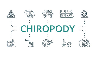 Chiropody icon set. Monochrome simple Chiropody icon collection. Biological Hazard, Gm Animals, Cloning, Table Of Elements, Perpetual Motion, Microbiology, Experiment, Space, Biology, Gmo Food icon