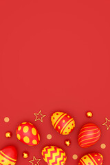 A colorful Easter eggs on red background. Happy Easter day concept. top view. 3D illustration
