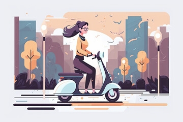 Young woman riding a scooter - illustration created with Generative AI technology