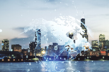 Multi exposure of abstract software development hologram and world map on Chicago skyscrapers background, global research and analytics concept