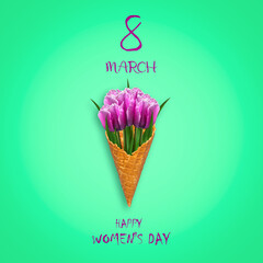 Tulips in an ice cream cone. Bright green background. Concept 8 March. International Women's Day. Festive