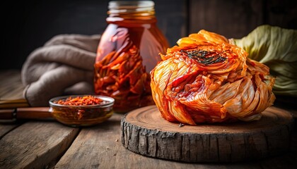 close up kimchi in traditional kitchen on wooden table, Generative Ai