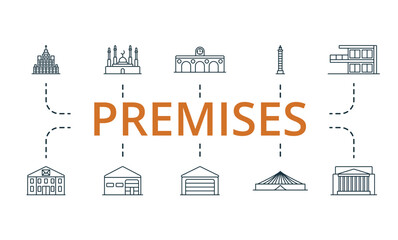 Premises icon set. Monochrome simple Premises icon collection. Municipal, Mosque, Railway Station, Lighthouse, Villa, Post Office, Warehouse, Garage, Circus, Bank icon