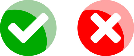 Yes and No or Right and Wrong or Approved and Declined Icons with Check Mark and X Signs with 3D Shiny Effect in Green and Red Circles. Vector Image.