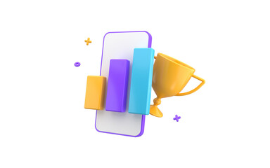 Data chart bar business elements with trophy cup. Prize concept with smartphone isolated on white background. 3d rendering