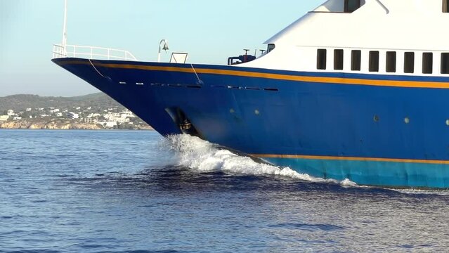 Prow of a Large Yacht and Sea Foam. Slow Motion