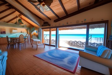 Fototapeta premium Indoor photo of vacation rental beachy - generative ai