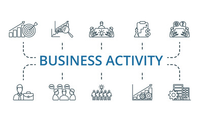Business Activity icon set. Monochrome simple Business Activity icon collection. Business Target, Benchmarking, Corporate Brainstorming, Corporate Strategy, Business Consulting, Executive, Discussion
