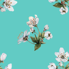 Floral seamless pattern with bouquets of white cherry flowers. Spring pretty composition. Hand-drawn watercolor illustration on a light blue background for design fabric, textile, wallpaper, wrapping