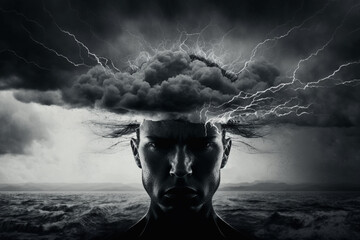 Negative thinking concept with head in storm clouds and lighting strikes representing anxiety and depression. Ai generated ( Not a real person ) - obrazy, fototapety, plakaty