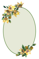 Spring oval frame. Decoration of bouquets with yellow jasmine flowers. Flowering branches with buds, green leaves. Place for text. Hand drawn watercolor illustration for cards, Easter, women's day.