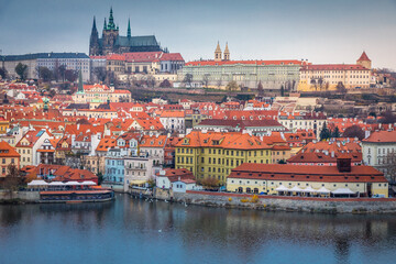 Fototapeta na wymiar Panoramic view over the cityscape of Prague at dramatic sunset, Czech Republic