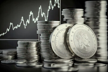 stack of silver coins with trading chart
