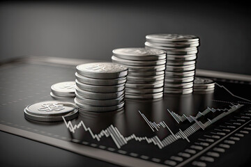 stack of silver coins with trading chart