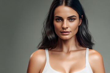 Naklejka premium Beautiful young woman portrait with long dark hair, soft skin and cleavage. Grey background and copy space. Generative AI