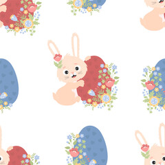 Fototapeta premium Easter seamless pattern. Cute Bunny with Easter egg and flowers on white background. Vector illustration in flat cartoon style
