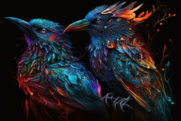 Exotic birds with detailed, vibrant feathers that radiate a bright pallete of colors. Each bird is unique and fantastic, with intricate patterns and textures. Ai generated