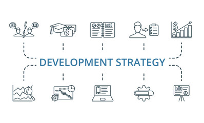 Development Strategy icon set. Monochrome simple Development Strategy icon collection. Conflict Of Interest, Grants, Executive Summary, Mission Statement, Revenue, Trend Analysis, Timeline, Product