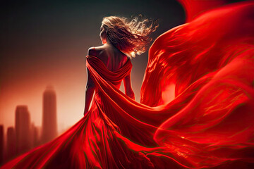 back of the girl in red dress on the city background - obrazy, fototapety, plakaty