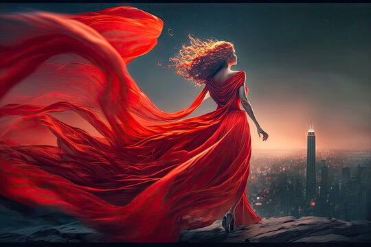 back of the girl in red dress on the city background