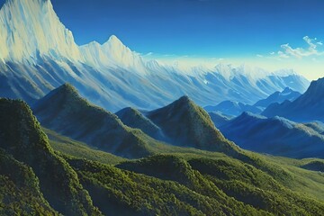 A blue mountain painting, a beautiful landscape hand painting in image design. Generative AI