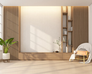 Modern japan style living room decorated with minimalist tv cabinet and bookshelf, white wall and wood slat wall. 3d rendering - obrazy, fototapety, plakaty