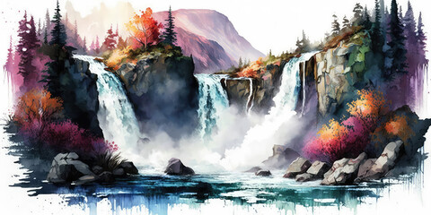 Fototapeta na wymiar Watercolor waterfall landscape, paiting style mountains falls backdrop poster, generative ai