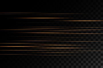 Set of golden lines, laser beams, bright light beams with sparkles and dust on a transparent background. vector illustration