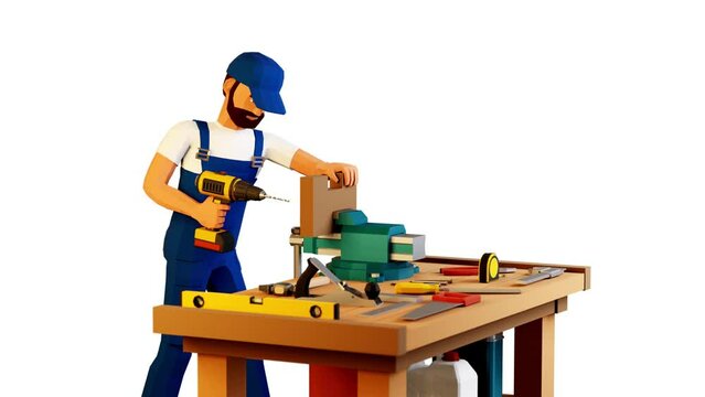 3d worker drilling a board with electric drill. Carpenter work at workbench. Looped animation