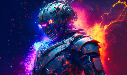 Obraz na płótnie Canvas A fantastical portrait of a robot bursts with color, as if the cosmos itself exploded into a stunning digital canvas