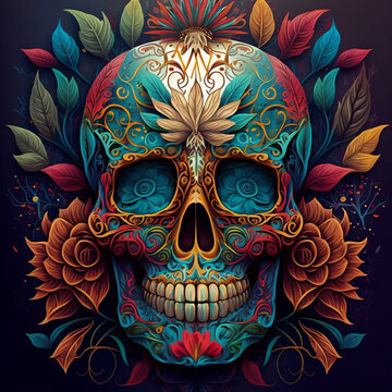Ilustra&ccedil;&atilde;o de uma caveira mexicana colorida e brilhante, transmitindo uma mensagem de celebra&ccedil;&atilde;o da vida e da morte. Generative IA.
