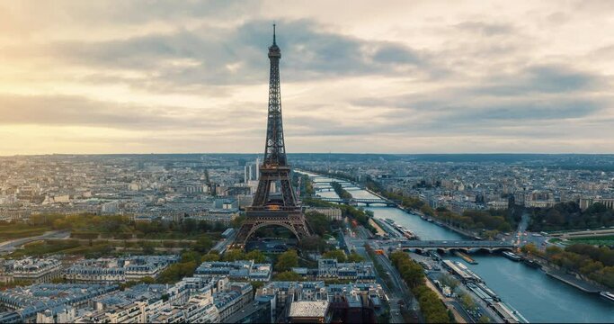 Aerial view Hyper lapse of Eiffel Tower in Paris, France. Drone Hyper lapse  Eiffel Tower in Paris City, France. Sunrise Aerial view.