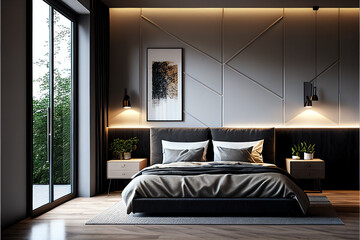 Illustration of modern style interior, bedroom with grey wall, created with Generative AI technology.