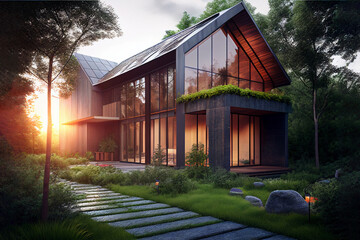Exterior of ecologic cottage with big french windows and photovoltaics panels ,created with Generative AI technology.