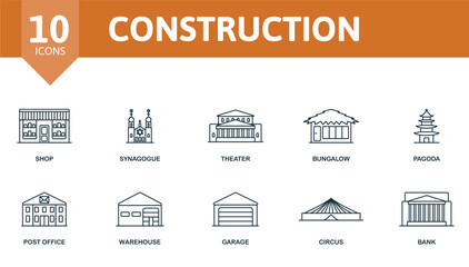 Construction icon set. Monochrome simple Construction icon collection. Shop, Synagogue, Theater, Bungalow, Pagoda, Post Office, Warehouse, Garage, Circus, Bank icon